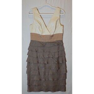 Adrianna Papell Ruffle Tiered Layered Dress Cocktail Sz 10 Metallic Brown Tan
